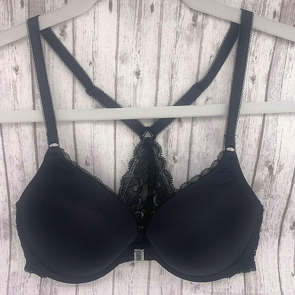 Adore Me Womens Racerback Bra 34C Front Closure Black Lace Underwire Padded
